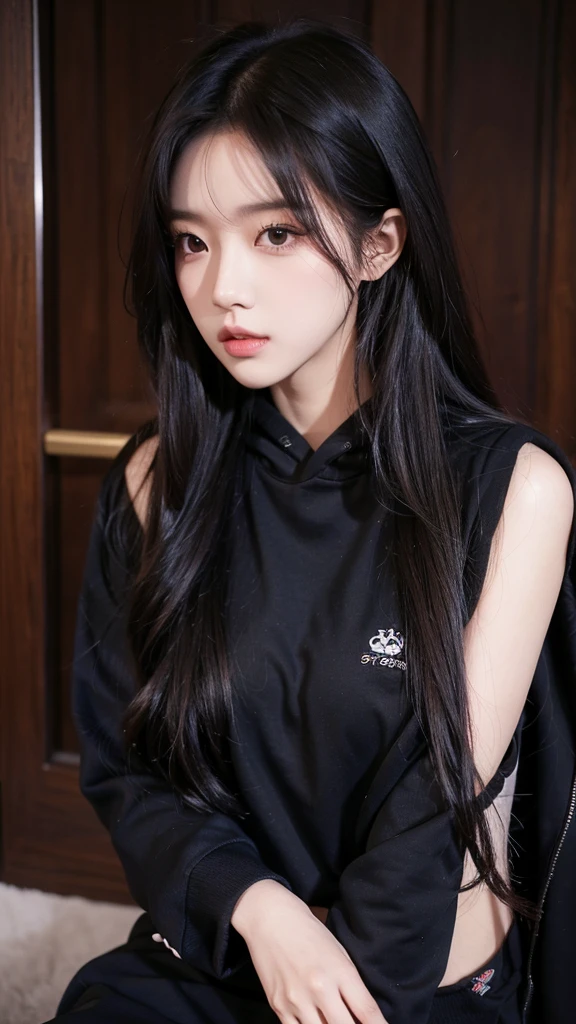 Long-haired Arafad woman wearing black hoodie, Portrait of a Korean female idol, guweiz style artwork, blackpink josie&#39;s portrait, jinyoung shin, Urzan, Minami Zaiwa, guweiz, kpop idol portrait, Brunette girl wearing hoodie, author：unbelievable, Li Zhien, Li Zhien，Long ponytail hairstyle，green hair and gray hair, Good-looking hair accessories, light green eyes，big eyes，Wearing red glasses，half rim glasses，
