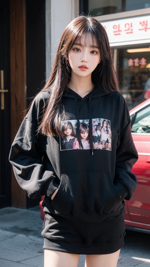 Long-haired Arafad woman wearing black hoodie, Portrait of a Korean female idol, guweiz style artwork, blackpink josie's portrait, jinyoung shin, Urzan, Minami Zaiwa, guweiz, kpop idol portrait, Brunette girl wearing hoodie, author:unbelievable, Li Zhien, Li Zhien,Long ponytail hairstyle,green hair and gray hair, Good-looking hair accessories, light green eyes,big eyes,Wearing red glasses,half rim glasses,