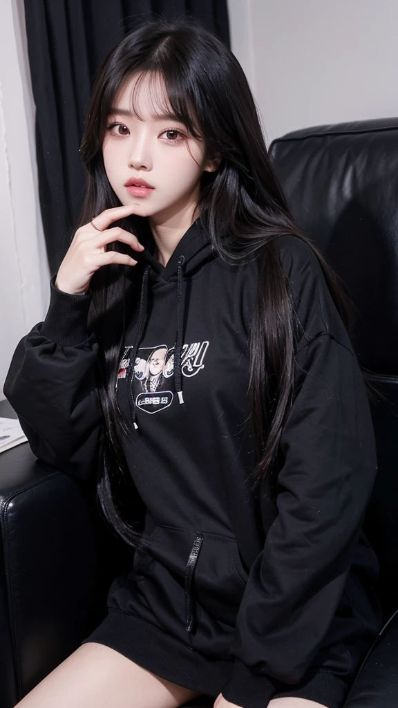 Long-haired Arafad woman wearing black hoodie, Portrait of a Korean female idol, guweiz style artwork, blackpink josie's portrait, jinyoung shin, Urzan, Minami Zaiwa, guweiz, kpop idol portrait, Brunette girl wearing hoodie, author:unbelievable, Li Zhien, Li Zhien,Long ponytail hairstyle,green hair and gray hair, Good-looking hair accessories, light green eyes,big eyes,Wearing red glasses,half rim glasses,