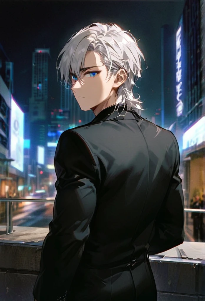 Half body portrait of a young man Have good muscles Smoky white hair, blue eyes, wears an all black suit. Stand and look back. Look back. Half-body image. Look back.. city view