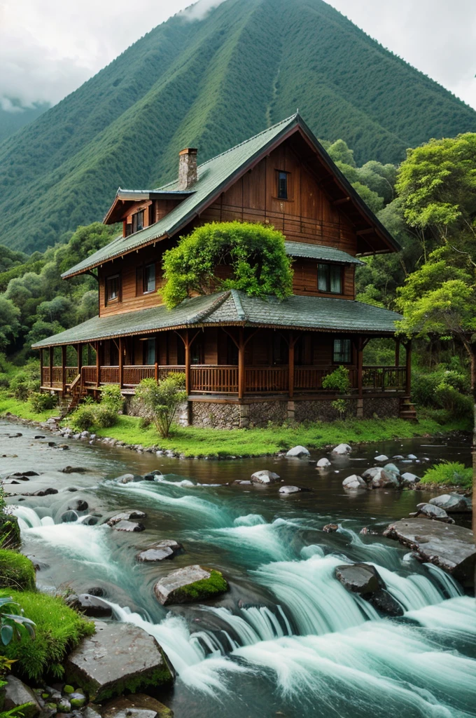 Creat a place with mountain rain and green forest a river an a house and few birds