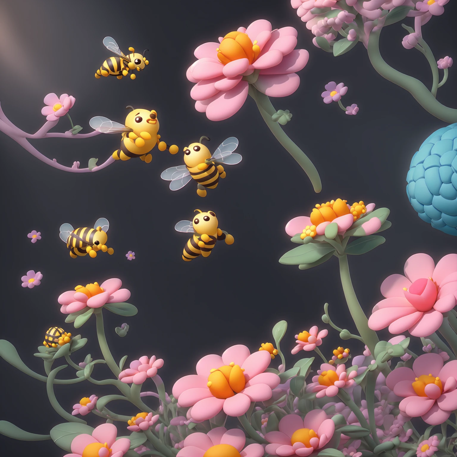 there is a bee flying over a field of flowers with a bee, a 3D render by jeonseok lee, trending on polycount, conceptual art, cute 3 d render, soft 3d render, cute! c4d, stylized as a 3d render, stylized 3d render, adorable digital painting, cute detailed digital art, 3 d bee