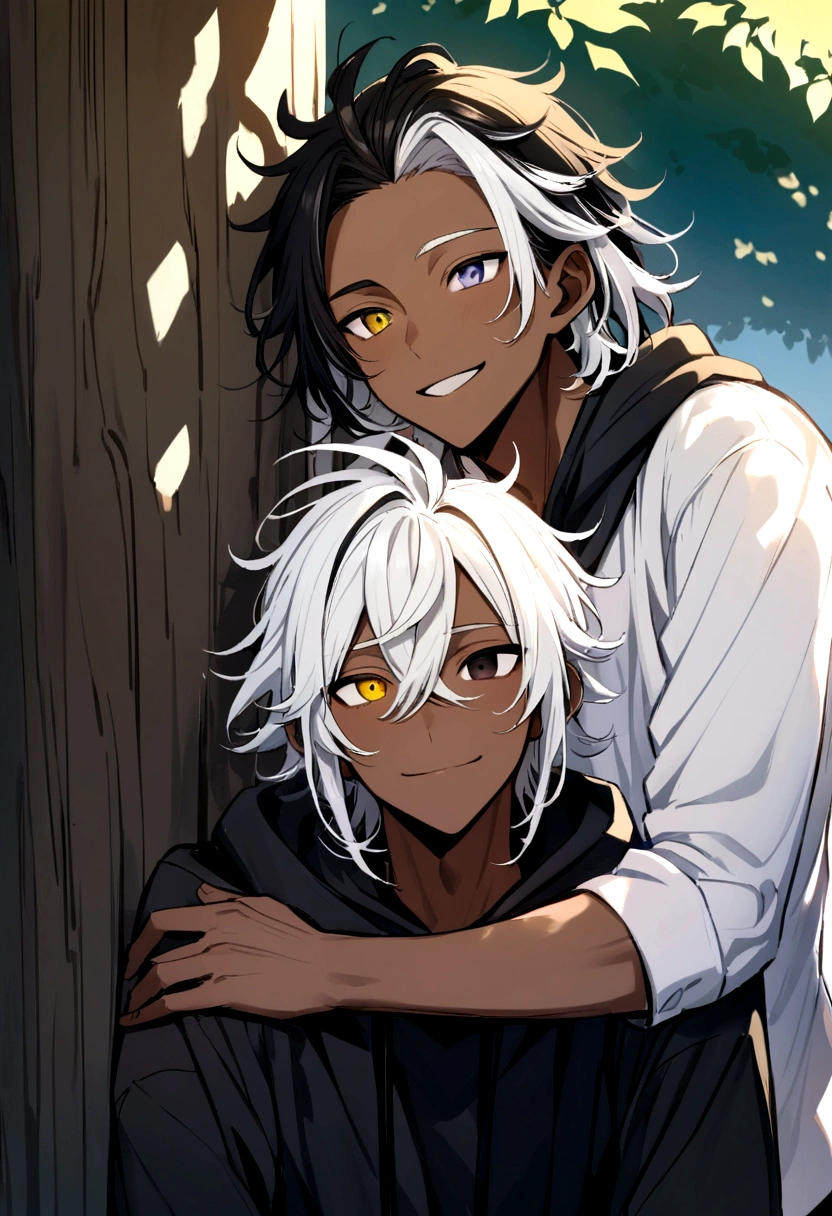 white shirt, wearing a black hoodie , yellow and black eyes heterochromia , happy expression, Messy hair , Medium length hair , 1 men , multicolored black and white hair , two tone hair , dark skin color, while leaning against a tree