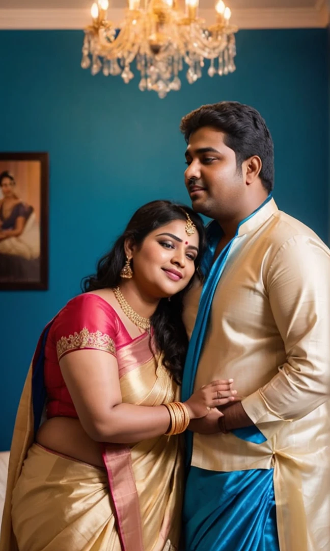 A radiant, full-figured plus sized South Indian 45 year old bride wearing a transparent blue colour silky saree standing hugging and kissing a 23 year old boy in a living room, , captured in a full-body image with vibrant hues and meticulous details. Full body image