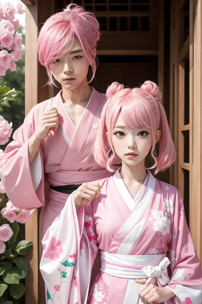 Girl Genshin Impact with pink hair and eyes pink with kimono pink and White 