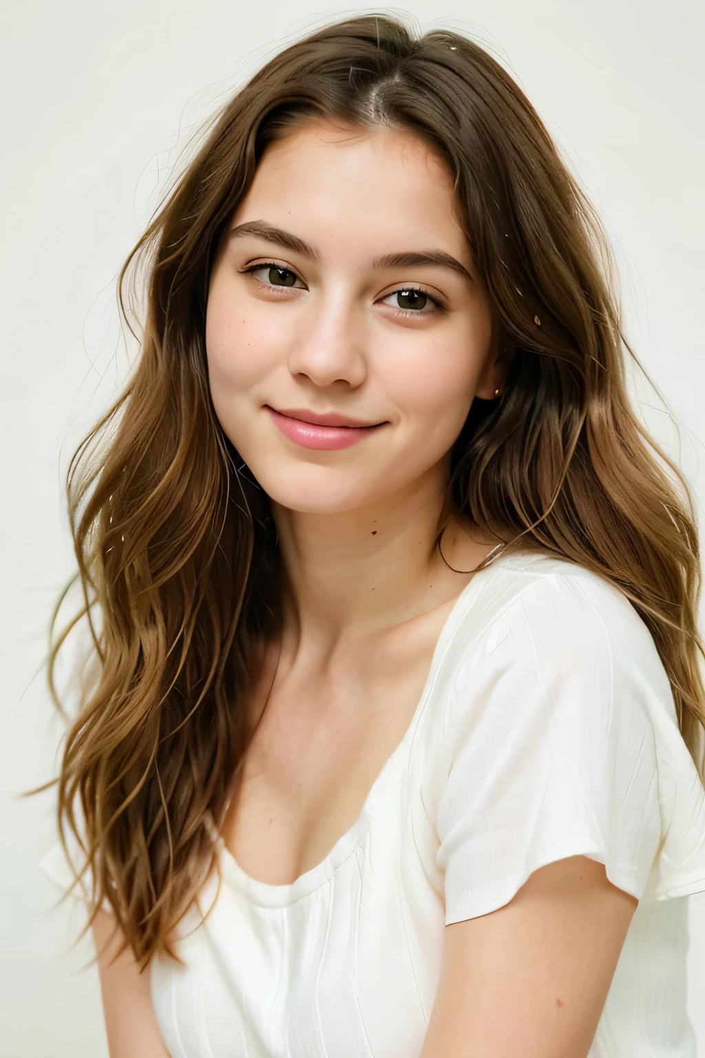 A charming portrait of a young adult woman with wavy hair partially dyed purple. She has a delicate oval face with a gentle smile. The woman wears a short-sleeved white ribbed top, accentuating her style. Her natural pink lips and green eyes give her a sweet and approachable demeanor. The finishing touches, all on a simple, light-colored background, photo realistic, photo real, super realistic