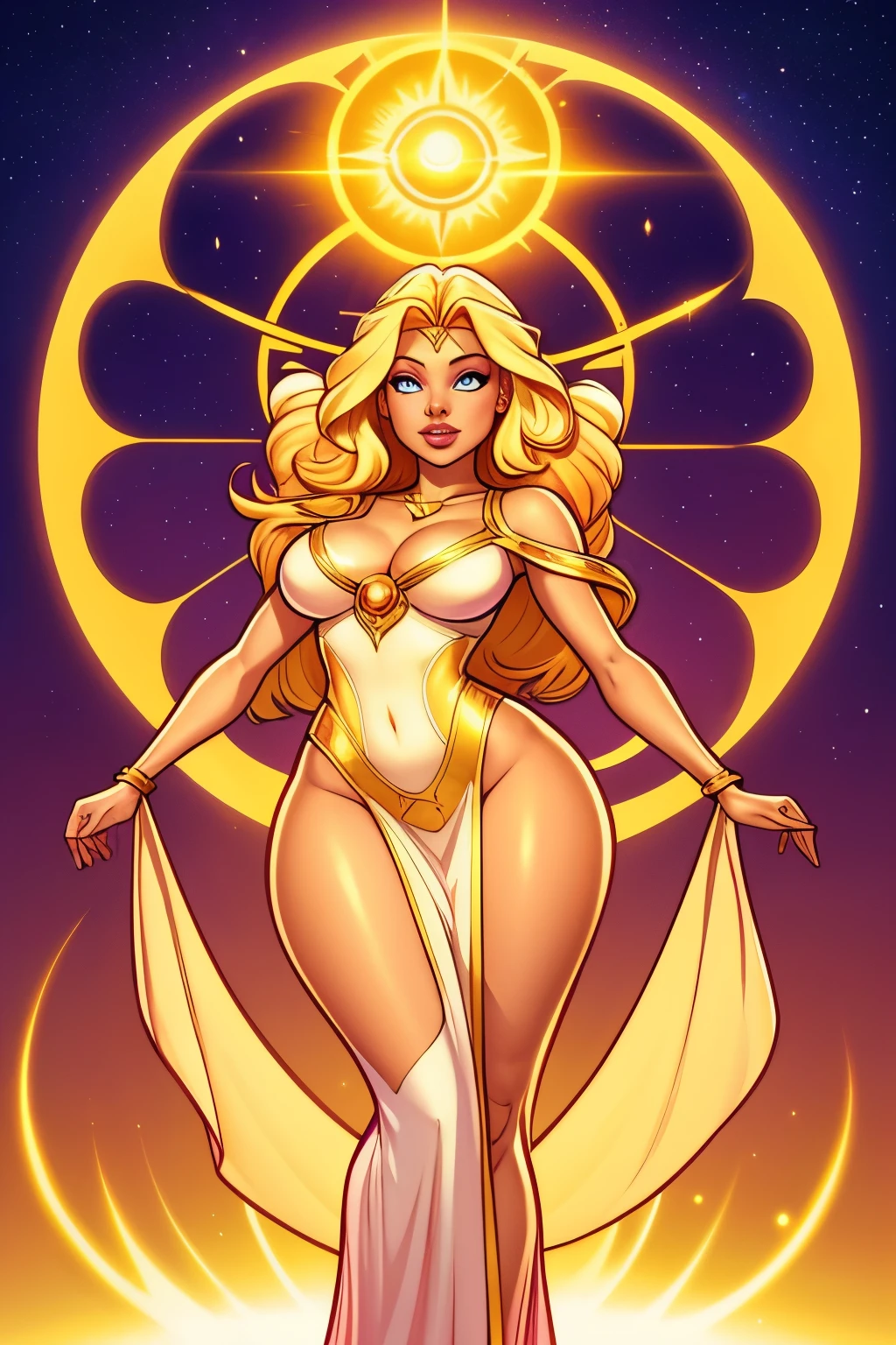 Eos is the goddess of dawn, often represented as a radiant and luminous woman. Her hair is long and golden, shining like the first rays of the sun. Your eyes are blue or gold, reflecting the dawn light. Eos has clear and glowing skin, symbolizing the arrival of a new day. She has a slender and graceful figure, often seen wearing bright, light-colored robes, like pink and gold, that float gracefully around you.