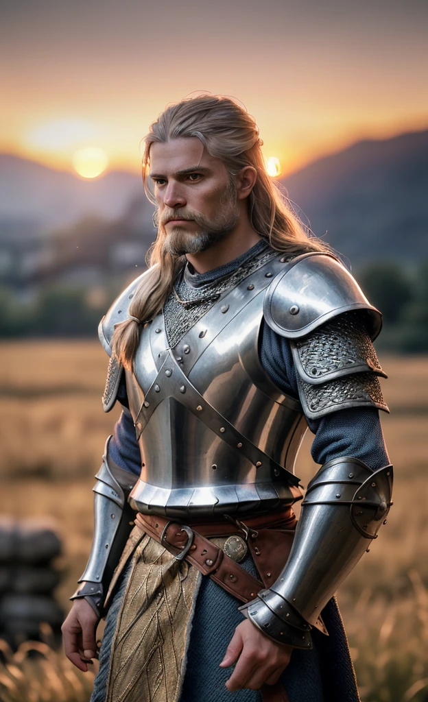 (masterpiece), (extremely intricate:1.3), (realistic), portrait of a viking man, (medieval armor), metal reflections, upper body, outdoors, intense sunlight, far away castle, professional photograph of a stunning woman detailed, sharp focus, dramatic, award winning, cinematic lighting, octane render unreal engine, volumetrics dtx, (film grain, blurry background, blurry foreground, bokeh, depth of field, sunset, motion blur:1.3), chainmail
