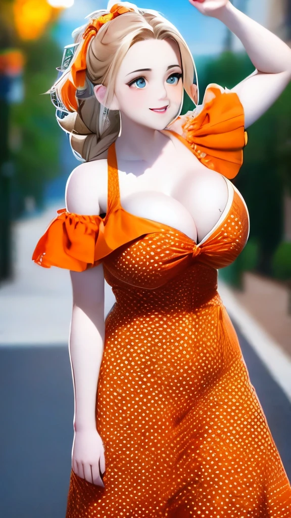 a woman posing on the street corner with orange dress on, best quality, 1girl, large , day, bright, blur background, bokeh, outdoor, (street:0.8), (people, crowds:0.8), (off-shoulder dress:1.2), gorgeous, (braided bangs:1.2), beautiful detailed sky, (dynamic pose:1.2), soft lighting, wind, shiny skin, (upper body:0.8), (freckles:0.8), mole under mouth, 