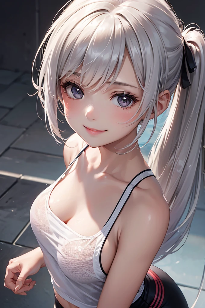 (Best Quality,High resolution,8K,finelity detailed background,Masterpiece:1.2),beautiful girl,Glossy romance gray hair,pony tail,Gray eyes,Gentle look,A refreshing look,Best quality,Best Quality,Aesthetic and aesthetic:1.2,Best details((Super detailed))(High-definition CG illustrations),Tank top,Training wear,Slender body,Training Gym,smile,blush,cute,Scrounge,Looking up,Being spoiled,smile,super model,shoot from above