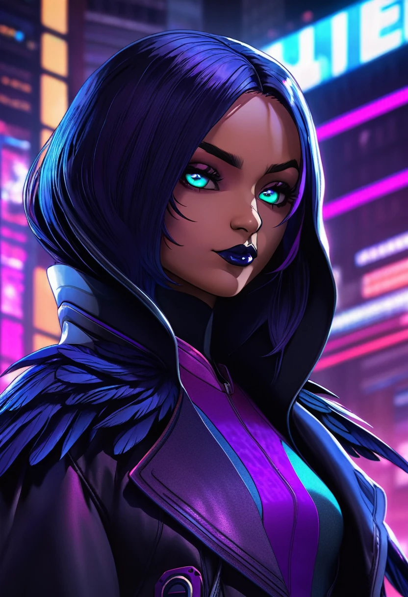 Raven from teen titans in cyberpunk style, mysterious, 4k, hyper detailed, wallpaper