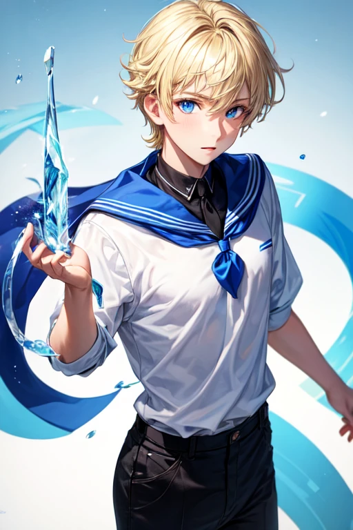 20 year old male , light blonde hair, blue colored eyes, school outfit holding magic ice