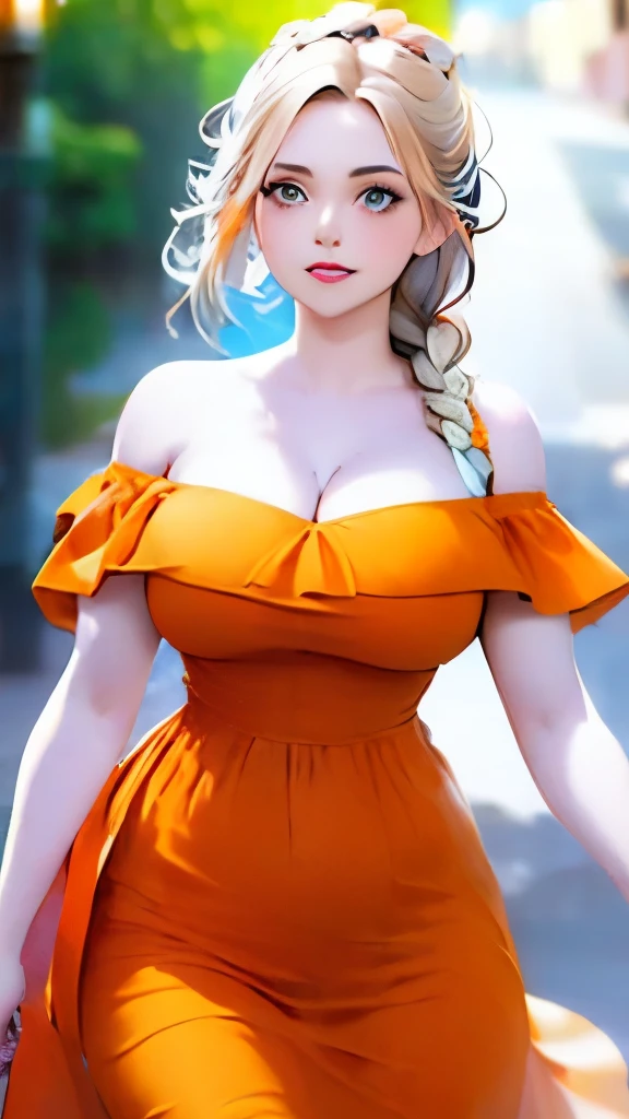 a woman posing on the street corner with orange dress on, best quality, 1girl, large breast, day, bright, blur background, bokeh, outdoor, (street:0.8), (people, crowds:0.8), (off-shoulder dress:1.2), gorgeous, (braided bangs:1.2), beautiful detailed sky, (dynamic pose:1.2), soft lighting, wind, shiny skin, (upper body:0.8), (freckles:0.8), mole under mouth, 