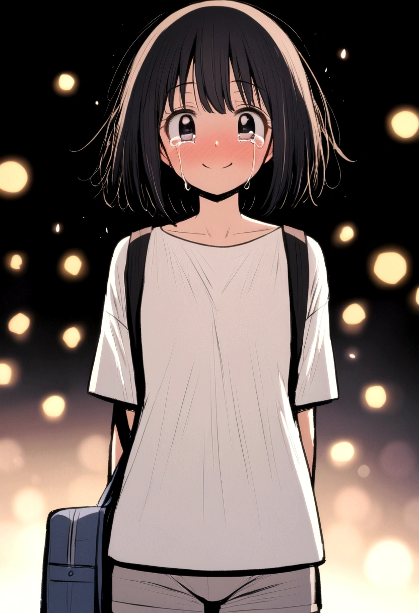 masterpiece, best quality, 1girl, yui_\(princess_connect!)\ mamerakkkkko, manga style, japanese, chi no wadachi, black eyes, street, iced, black hair, schoolbag, smile, lineart, white background, white shirt, grey shorts, centered, 18 years old, tall, fair skinned, bokeh background, crying, tears, straight-on, tears streaming