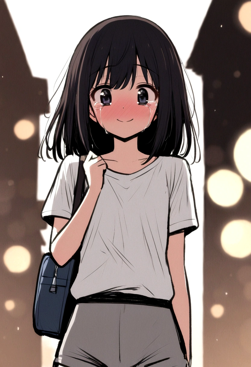 masterpiece, best quality, 1girl, yui_\(princess_connect!)\ mamerakkkkko, manga style, japanese, chi no wadachi, black eyes, street, iced, black hair, schoolbag, smile, lineart, white background, white shirt, grey shorts, centered, 18 years old, tall, fair skinned, bokeh background, crying, tears, straight-on, tears streaming
