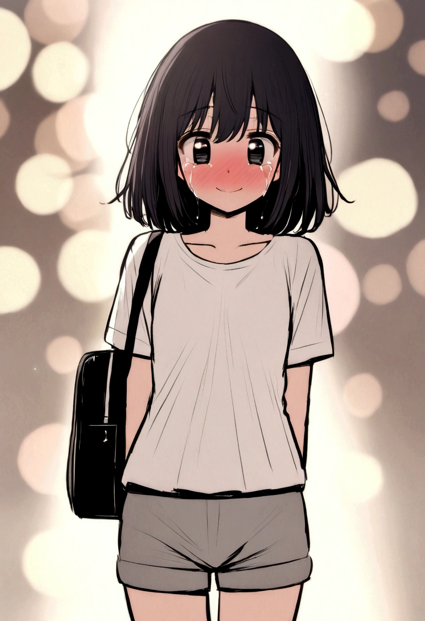 masterpiece, best quality, 1girl, yui_\(princess_connect!)\ mamerakkkkko, manga style, japanese, chi no wadachi, black eyes, street, iced, black hair, schoolbag, smile, lineart, white background, white shirt, grey shorts, centered, 18 years old, tall, fair skinned, bokeh background, crying, tears, straight-on, tears streaming
