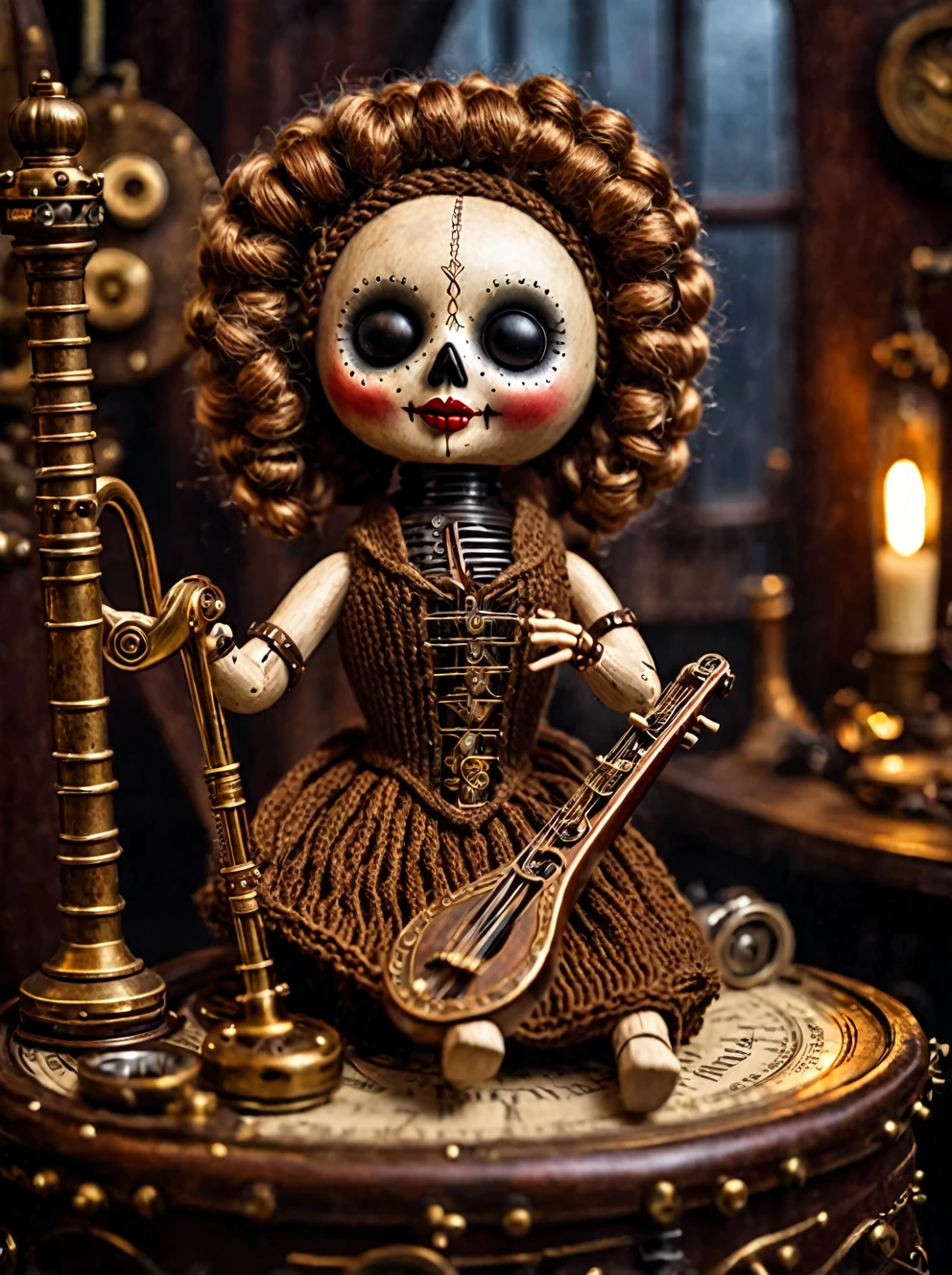 (voodoo doll playing knitted harp:1.2), (Voodoo Steampunk:1.3), (badass clothing: leather corset, aviator glasses, Gears and mechanical parts:1.0), (in the background steam engines, airships and Victorian buildings:1.2), best qualityer, work of art, detailed soft oil painting, detailed back ground, dramatic cinematic lighting, soft edge lighting, proffesional, dramatic lighting, hard edge lighting, ultra quality, 4K, work of art, best qualityer, 8K, ultra high definition, high resolution, extremely detaild, perfect details of the harp.