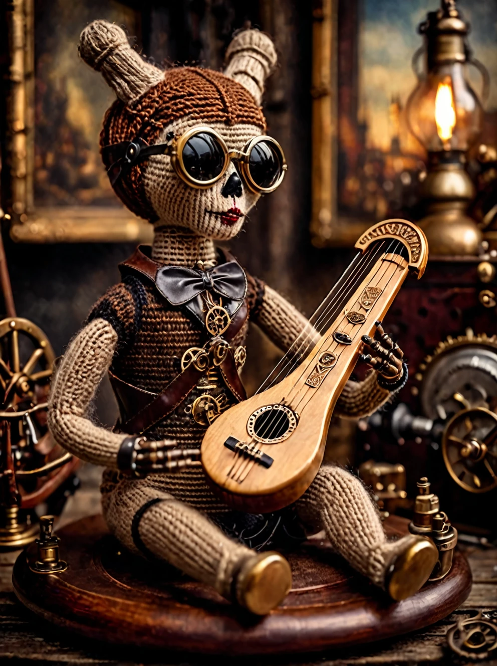 (voodoo doll playing knitted harp:1.2), (Voodoo Steampunk:1.3), (badass clothing: leather corset, aviator glasses, Gears and mechanical parts:1.0), (in the background steam engines, airships and Victorian buildings:1.2), best qualityer, work of art, detailed soft oil painting, detailed back ground, dramatic cinematic lighting, soft edge lighting, proffesional, dramatic lighting, hard edge lighting, ultra quality, 4K, work of art, best qualityer, 8K, ultra high definition, high resolution, extremely detaild, perfect details of the harp.