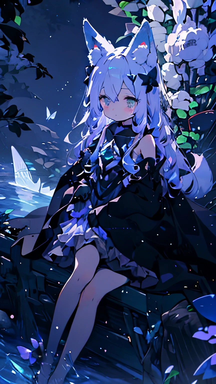 Fox ears, Fox Tail, - Girl sitting on a boat in the water,Crystal glowing eyes, sea butterflies, Night raids, Fairy Lights, Very deep sea, long shiny hair, Night Core, Very ethereal, stagirlr dress.