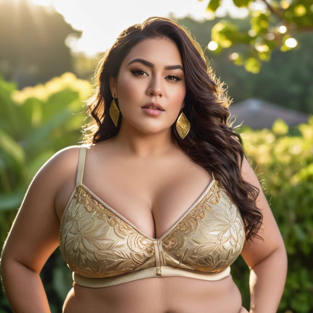 (upper body) (plus size:1.1) latin woman earrings wearing (loose gold bralette:1.5), (cleavage:1.5), (large boobs:1.2), (sagging boobs:1.6), (ultra detailed skin:1.1), extremely detailed, garden with morning light scenery, warm lighting, canon lens, shot on dslr, 64 megapixels, sharp focus, (photorealistic:1.3)