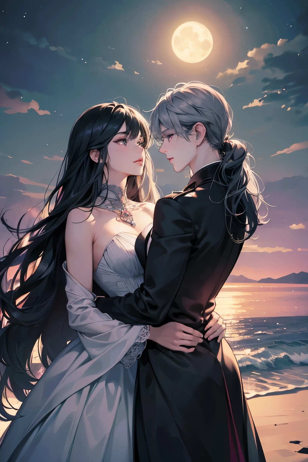 (8K, HighDynamicRange, Ultra-detailed)
(Masterpiece: 1.4, Best quality, Raw photo)
(Pin Light, Moonlight scene)
A heavenly, dark couple is captured in an intimate moment beneath the gentle glow of moonlight. The slender, slim girl's long, black hair cascades down her back in soft waves, framing her elegant, dark green queen dress with silver details. Her purple eyes, adorned with dragon pupils, gaze lovingly into her partner's eyes. A sensual kiss is exchanged, their lips meeting in a tender embrace, leaving a trail of lip gloss behind.
The imposing man,