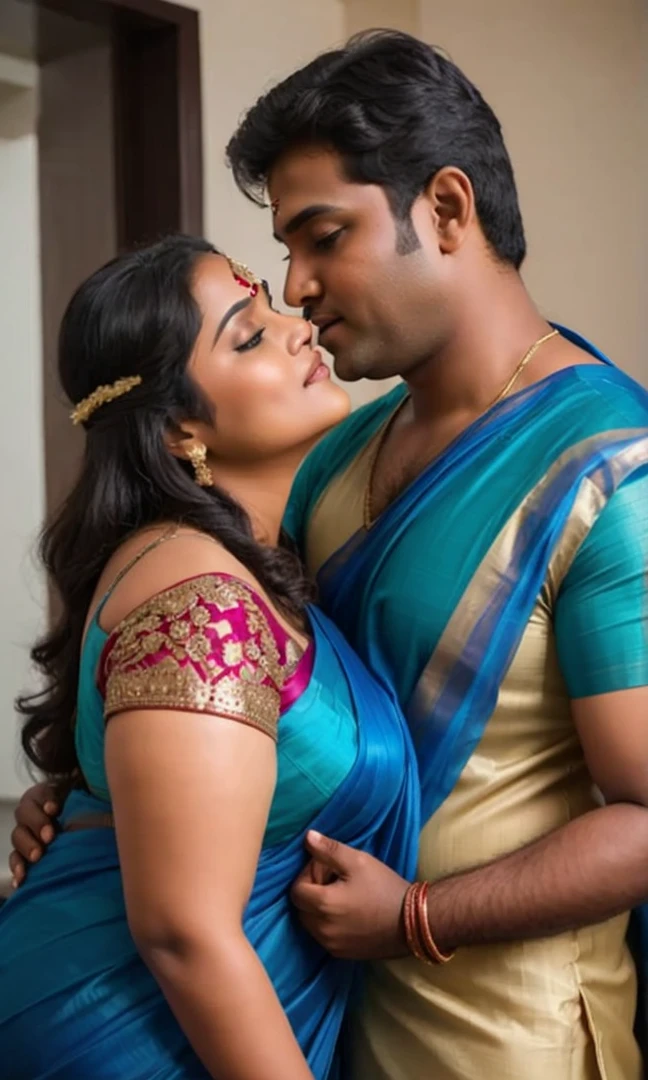 A radiant, full-figured plus sized South Indian 45 year old bride wearing a transparent blue colour silky saree standing hugging and kissing a 23 year old boy in a living room, , captured in a full-body image with vibrant hues and meticulous details. Full body image