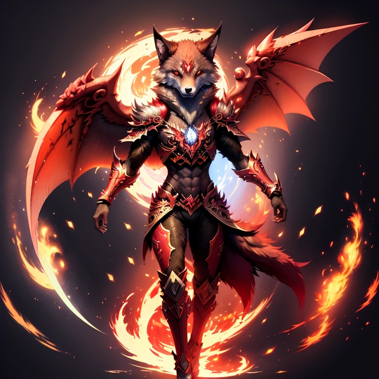 (1 wolf) full body, a red eyed red wolf, a winged four pointy ears fire wolf with fire and flames, fire feathers, fire wings, fire energy around, fire background