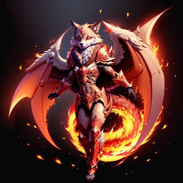 (1 wolf) full body, a red eyed red wolf, a winged four pointy ears fire wolf with fire and flames, fire feathers, fire wings, fire energy around, fire background