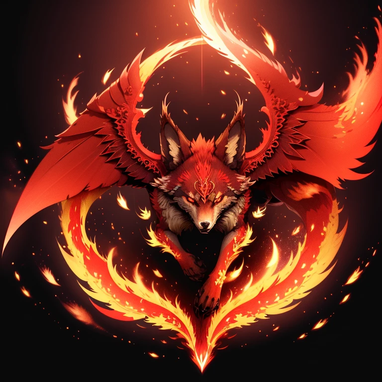 (1 wolf) full body, a red eyed red wolf, a winged four pointy ears fire wolf with fire and flames, fire feathers, fire wings, fire energy around, fire background