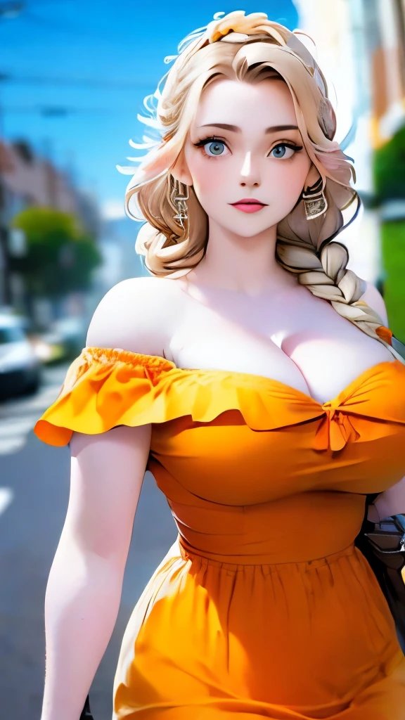 a woman posing on the street corner with orange dress on, best quality, 1girl, large breast, day, bright, blur background, bokeh, outdoor, (street:0.8), (people, crowds:0.8), (off-shoulder dress:1.2), gorgeous, (braided bangs:1.2), beautiful detailed sky, (dynamic pose:1.2), soft lighting, wind, shiny skin, (upper body:0.8), (freckles:0.8), mole under mouth,