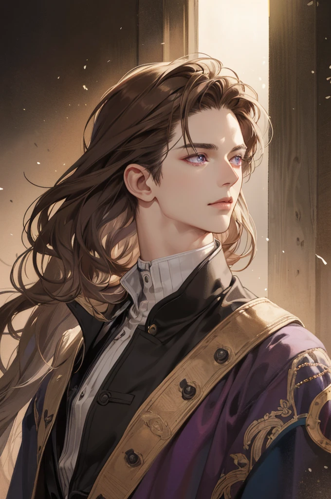 (Best quality) adult age 38 years old, 1 male mature, very tall, elegant, (very short dark light brown hair), purple eyes, perfect eyes, light brown hair, medieval fantasy style, richly textured background, soft lighting, portrait style, painting style, deep colors, half body, perfect, half body, big body