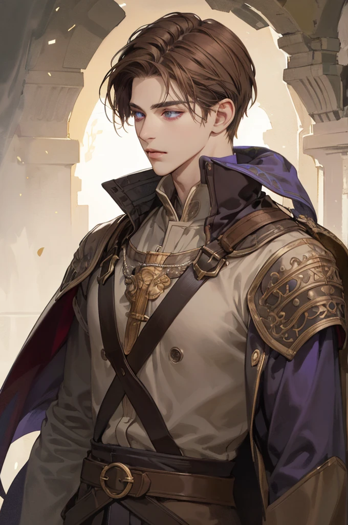 (Best quality) adult age 38 years old, 1 male mature, very tall, elegant, (very short dark light brown hair), purple eyes, perfect eyes, light brown hair, medieval fantasy style, richly textured background, soft lighting, portrait style, painting style, deep colors, half body, perfect, half body, big body