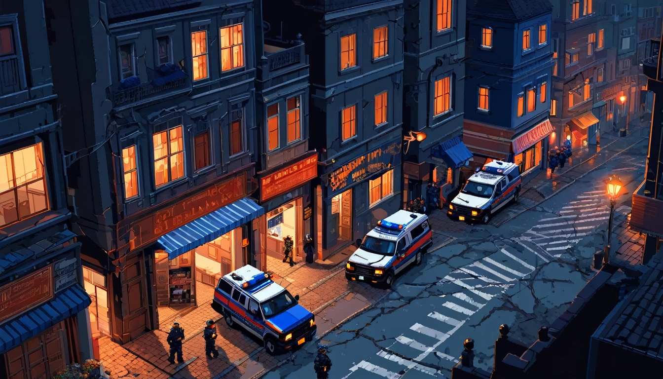 A man peered out of his window into the midnight darkness, observing police cars patrolling the streets below from the confines of his pitch-black bedroom. The faint glow of street lamps outlined the silent procession of law enforcement vehicles, their red and blue lights casting intermittent shadows on the quiet pavement. The cold night air seeped through the cracked window, carrying distant echoes of footsteps and the occasional murmur of radio chatter from the officers on duty. From his vantage point, the man watched with a mixture of curiosity and apprehension, feeling a palpable sense of security in the presence of the vigilant patrol amidst the otherwise stillness of the late hour, Landscape, Pixel Art, HDR, High Detailed, dark room.