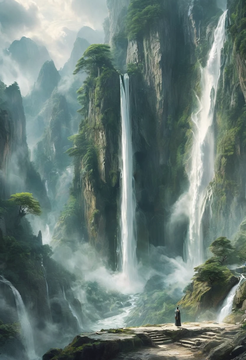 solo,(elder:1.2),(eyes_closed:1.2),kindly,mountain deity,freehand landscape painting,a male image,peak,waterfall,waterfall,gods,immortal,giant gods and mountains merge into one,white hair,white beard,white eyebrows,wrinkle,, masterpiece,best quality,highly detailed,Amazing,finely detail,extremely detailed CG unity 8k wallpaper,score:>=60,, beautiful detailed eyes,Fine hair texture,, incredibly absurdres,wallpaper,realistic,real,photo,landscape,foreshortening,xianxia