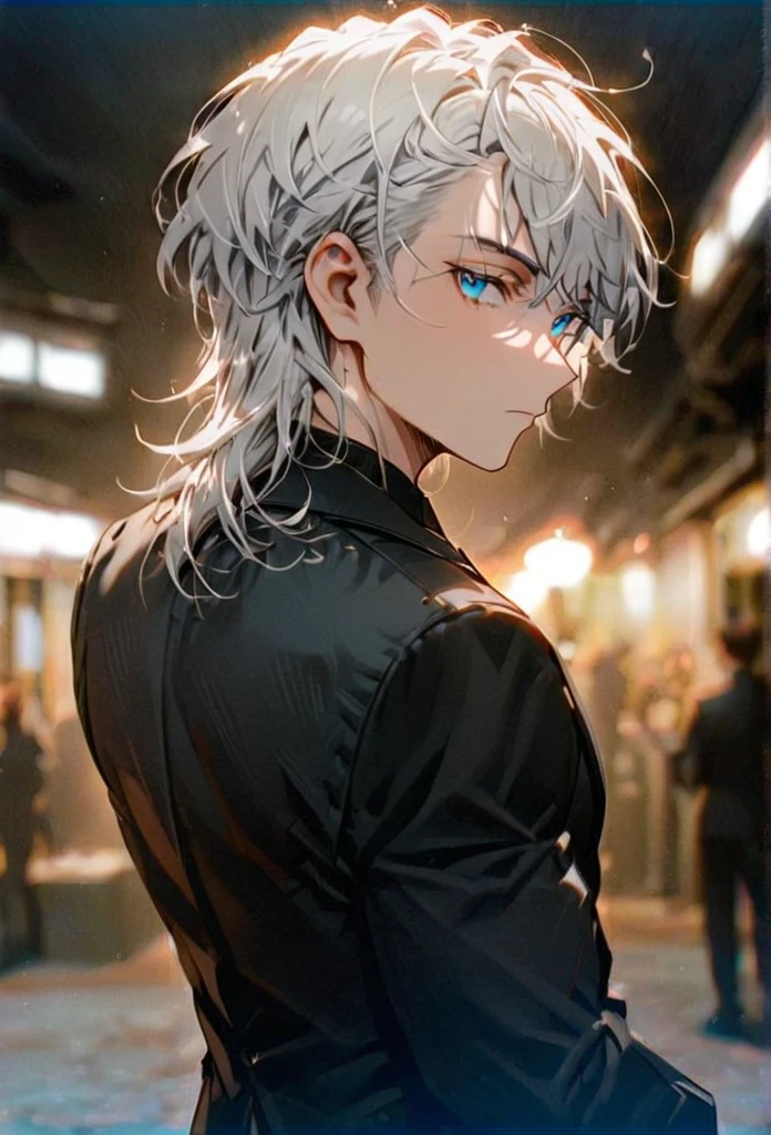 Half body portrait of a young man Have good muscles Smoky white hair, blue eyes, wears an all black suit. Stand and look back. Look back. Half-body image. Look back. ดาดฟ้า