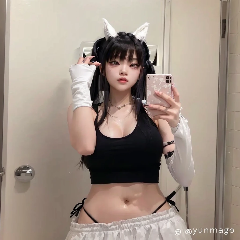 there is a woman taking a selfie in a bathroom mirror, anime girl in real life, she is wearing a black tank top, xision wu, girl with cat ears, 18 years old, cruel korean goth girl, anime vibes, with black pigtails, attractive cat girl, anime girl cosplay, 21 years old, with  ears , blackpink jennie , blackpink Lisa , asian famale face , cute girl , Korean famale