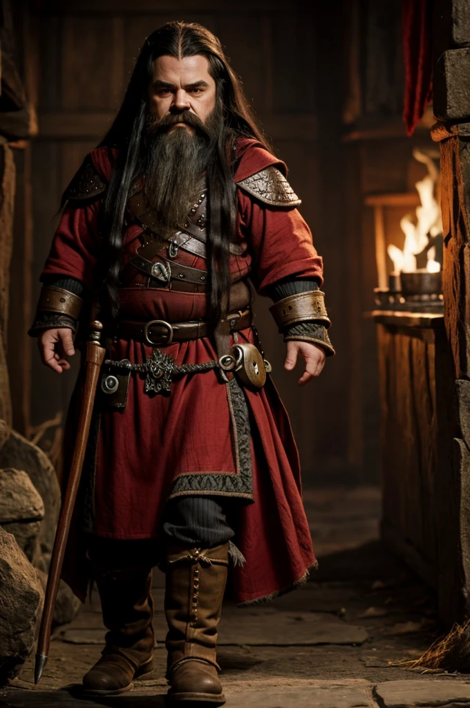 Dwarf hunter dungeons and dragons big eyes very long hair black and red clothing in full body