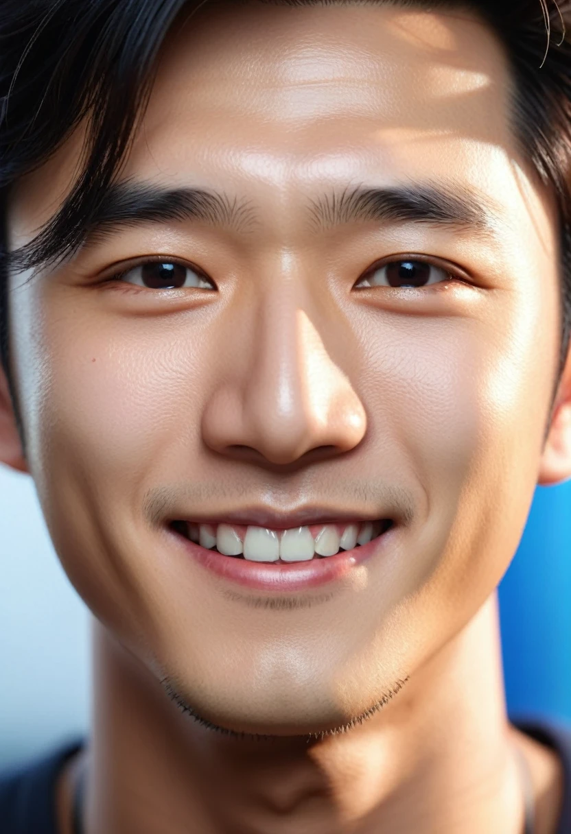 Best Quality, 8k, Masterpiece, (Portrait: 1.3), (photo realistic:1.4), (hyper realistic:1.4), Sharp Focus, looking at viewer, (smoother lighting:1.1), (increase cinematic lighting quality:0.9), realistic lighting, backlighting, light on face, ray trace, (brightening light:1.2), (Increase quality:1.4), sharp detail, (best quality real texture skin:1.4), finely detailed eyes, black_eyes, finely detailed face, 25 year old Korean man smiling_face