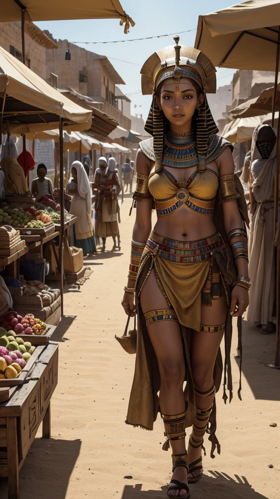 Created high-resolution images of two terrifying mummies in an ancient Egyptian marketplace. The first mummy wore a pharaoh's helmet and had long, sharp teeth and glowing yellow eyes. The second mummy, wrapped in bandages, slightly behind the first mummy, also has bright yellow eyes and an aggressive appearance. Around them were ancient market stalls and people in traditional ancient Egyptian clothes looking scared and surprised. The background depicts a desert village setting with .Carrying goods.