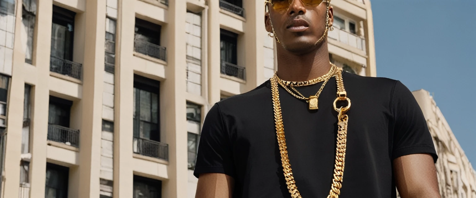 a man standing in front of a tall building with a chain around his neck, he is wearing a black tshirt, Portrait in medium plane, wearing a black tshirt, wearing a gold chain, wearing a black tshirt, official vuitton editorial, survive streetwear collection, wearing gold chain, wearing black tee, gold jewelry, official versace editorial, gold chains