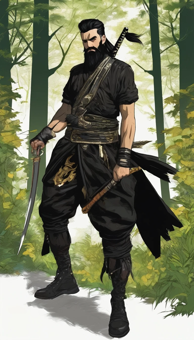 Generate an image of a guy dressed like a punk in the woods. The man had a thick black beard and black hair, decorated with a gold buckle. Its ears are large and pointed, similar to those of a fairy. He wore a serious expression and wore a black t-shirt. The person was wearing punk clothes, holding a long sword behind his back like a ninja. The background is a lush green forest with tall trees and dense foliage.