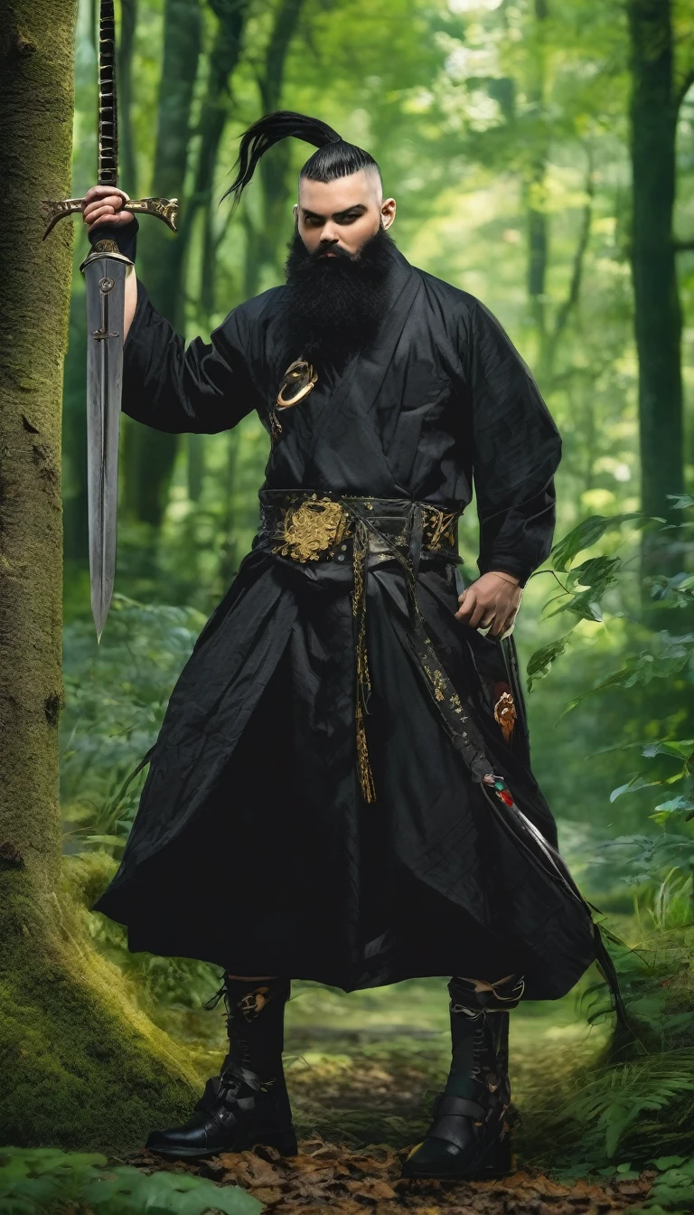 Generate an image of a guy dressed like a punk in the woods. The man had a thick black beard and black hair, decorated with a gold buckle. Its ears are large and pointed, similar to those of a fairy. He wore a serious expression and wore a black t-shirt. The person was wearing punk clothes, holding a long sword behind his back like a ninja. The background is a lush green forest with tall trees and dense foliage.