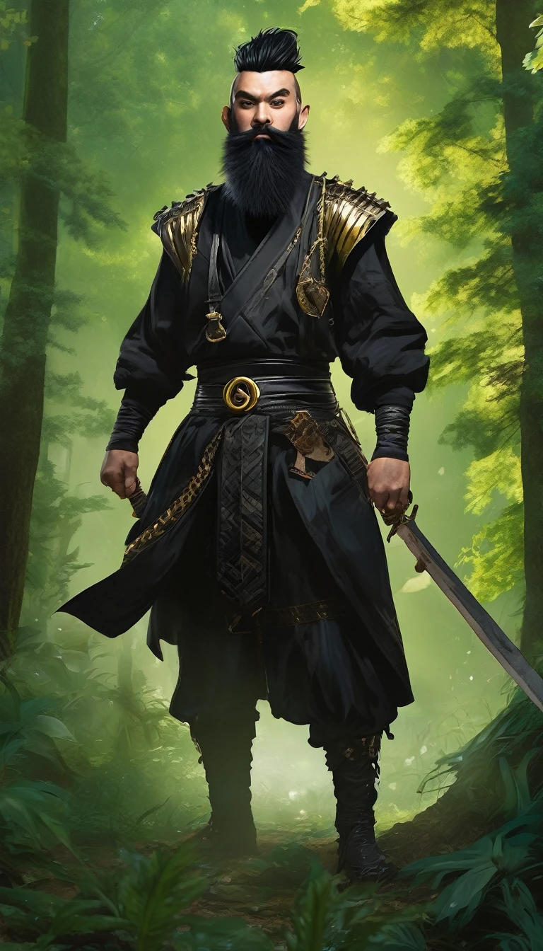 Generate an image of a guy dressed like a punk in the woods. The man had a thick black beard and black hair, decorated with a gold buckle. Its ears are large and pointed, similar to those of a fairy. He wore a serious expression and wore a black t-shirt. The person was wearing punk clothes, holding a long sword behind his back like a ninja. The background is a lush green forest with tall trees and dense foliage.