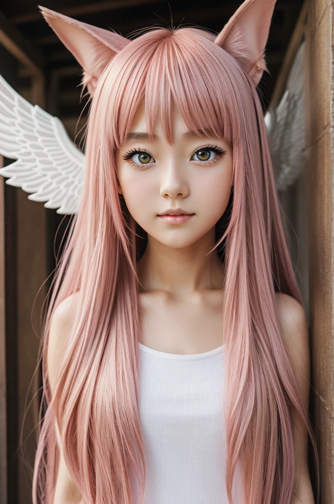 A girl anime with pink long hair, golden eyes, wing ears