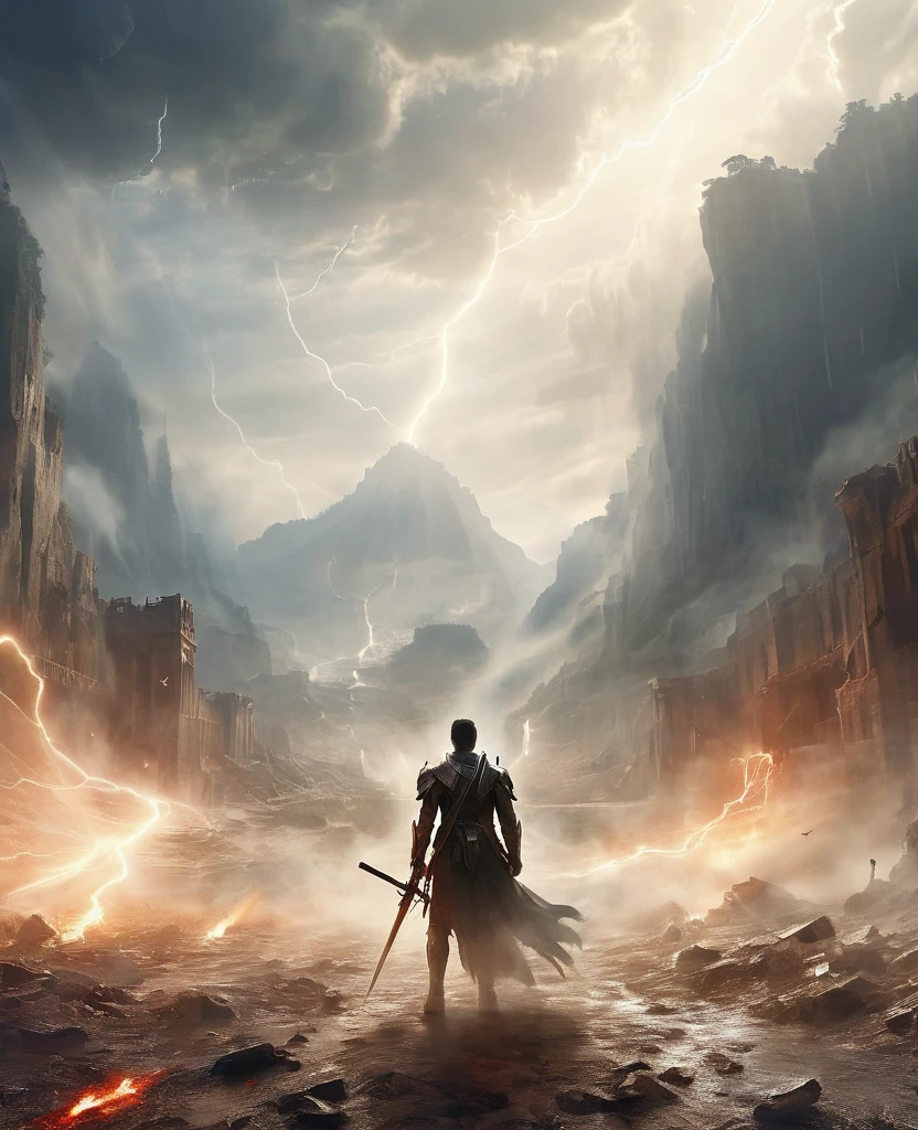 A valley covered in ashes and mist, lightning in the sky, with the remains of a battle covering the ground in the background, an angel drags his weapons as he walks along it seeing allies and enemies fighting along the way