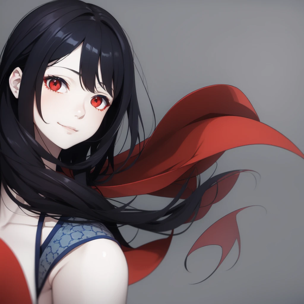girl with many blue and red capsules floating, slight smile, red eyes, very pale skin, black hair.