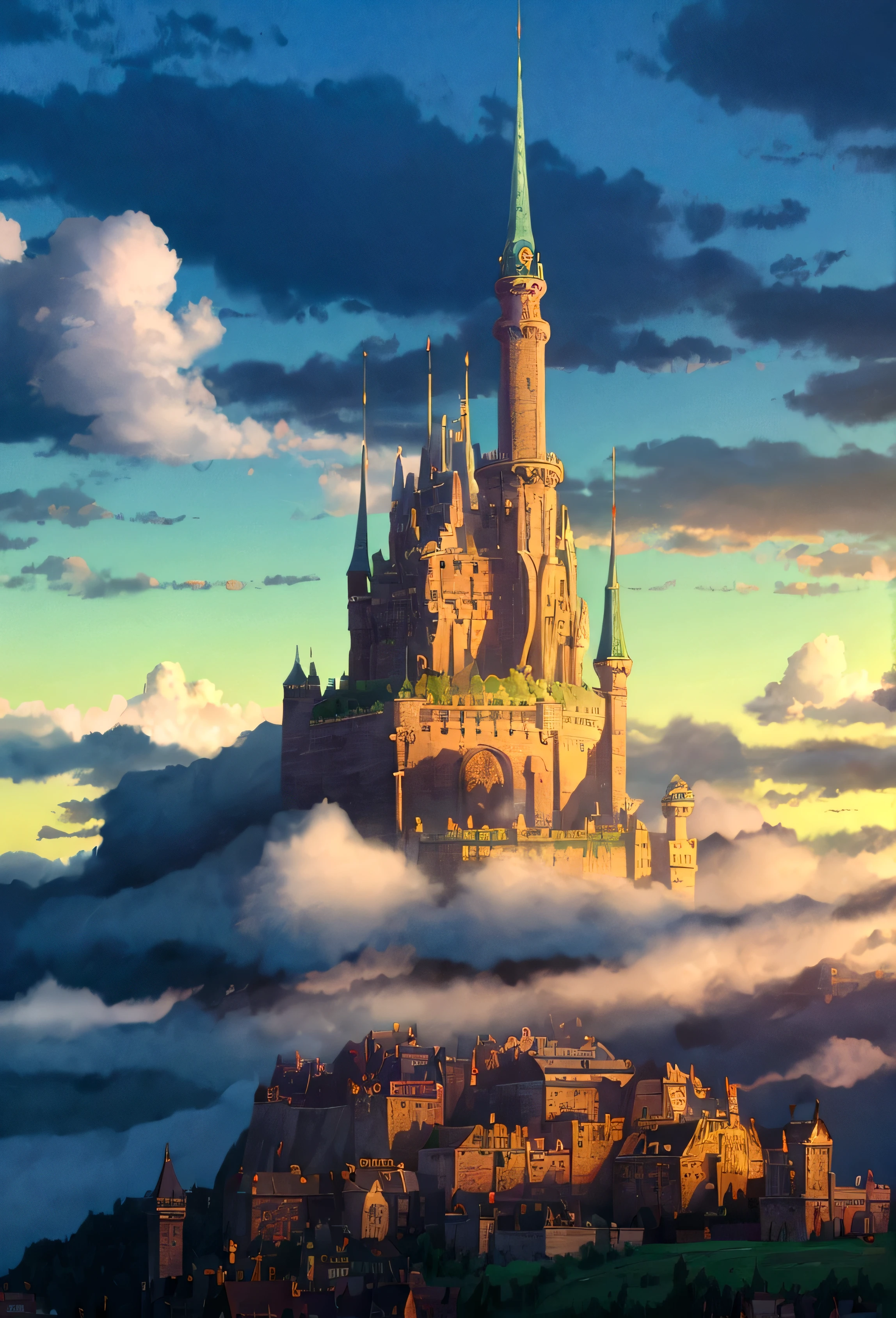 a detailed fantasy castle in the sky, glowing energy fields, sunlit clouds, dramatic lighting, swirly vibrant colors, film composition, (best qualityer,4K,8K,high resolution,work of art:1.2),ultra detali,(realisitic,photorealisitic,photo-realisitic:1.37),details Intricate,stunning vista,dramatic lighting,swirly vibrant colors,film composition,Fantasyart