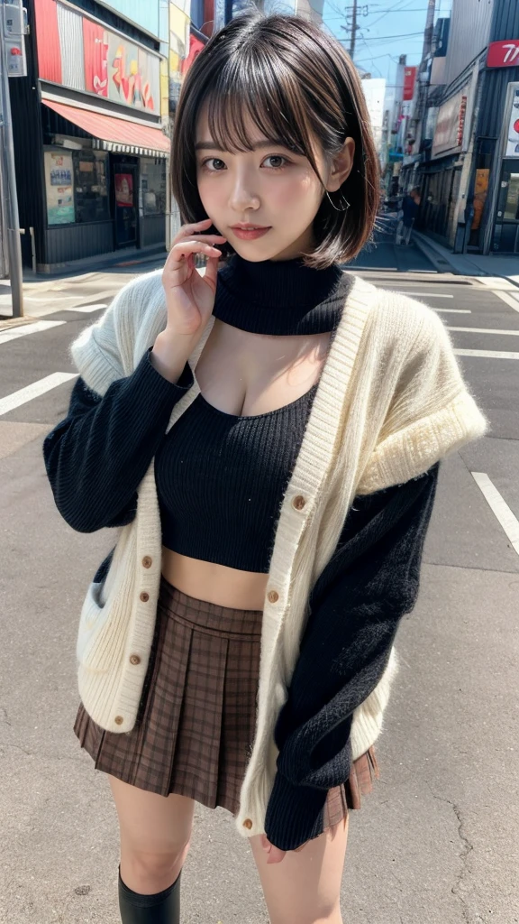 masterpiece, best quality, illustration, Super detailed, fine details, High resolution, 8K,wall paper, perfect dynamic composition,(Details High quality, realistic depiction of eyes:1.3), short hair, Gorgeous and stylish black fluffy latest trend Tokyo winter clothes, wool sweater, A-line skirt, short bob hair, black hair color, Big Natural Color Lip,  pose, crying a little、Harajuku style、20 year old girl、cute type、lolita, hposing Gravure Idol, full body photo、focus on , 