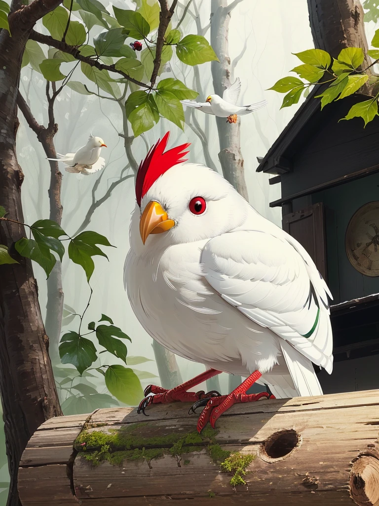 masterpiece , best quality, A white bird with a red beak is sitting on a tree branch, in the forest、 Pet Birds, Albinomistic, Watching birds, Cheeky look, birb, Pubic Pose, Intense albinism, Looking away from the camera, Just one、Red beak、Black Eyes、No cockscomb
