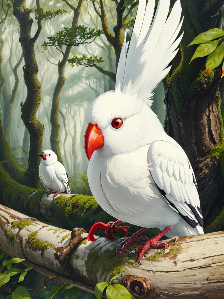 masterpiece , best quality, A white bird with a red beak is sitting on a tree branch, in the forest、 Pet Birds,  Albinomistic, Watching birds,   Cheeky look, birb, Pubic Pose, Intense albinism, Looking away from the camera, Just one、Red beak、Black Eyes、No cockscomb